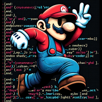 A highly detailed illustration of a plumber resembling Mario—wearing a red cap and blue overalls—mid-jump in a dynamic pose. He leaps over multiple 'end' statements that appear as the concluding lines of deeply nested Ruby code blocks displayed in a text editor. The background shows a typical code editor with syntax-highlighted Ruby code, and the 'end' keywords stand out as the targets of his jump. The style is a blend of retro video game aesthetics and modern digital art, with vibrant colors, a slight pixel art influence, and energetic motion.