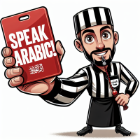 Cartoon referee holding a red cart that says: Speak Arabic!
