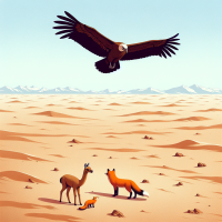 Draw a condor in the sky watching the vicuna (camllite, broawn, small) and zoro (fox, orange, large), watching sadly from a far all the way up in the sky in the Atacama desert