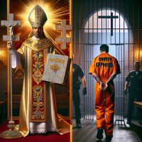 A split-frame design: Left side shows Bishop Whitehead in a glittering gold preacher robe holding a diamond-studded Bible, smiling smugly under heavenly light. Right side reveals him in an orange prison jumpsuit, hands cuffed, with FBI agents dragging him into a dark courtroom. A shattered golden cross lies between the frames. Bold red text ‘$1M CHURCH HEIST SCAM?’ arcs over the top, with dripping blood-red ‘EXPOSED’ at the bottom. Background: dark church pews morphing into prison bars. MagnateMedia-style lighting: harsh shadows, neon highlights on the Bible and handcuffs.