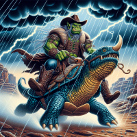 Fantasy half orc dressed in western clothes, riding a dragon turtle like a bull during a storm