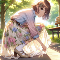 A detailed anime-style illustration of a young woman squatting down in a sunny park, wearing a pastel blouse and a floral skirt. As she squats naturally to pick something up, her skirt flows gently with the breeze, subtly revealing a glimpse of soft white satin fabric underneath. The material reflects light delicately, hinting at its smooth and glossy texture. The overall mood is innocent and candid, with realistic lighting, fabric physics, and a calm, warm atmosphere. The background includes trees, grass, and soft sunlight through leaves, with a slightly low-angle composition and high-resolution detail.
