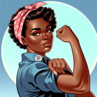 With a confident expression, the character showcases strength and determination, flexing her muscular arm against a soft, pastel blue circular background. She sports a classic hairstyle, adorned with a pink headband featuring traditional bandanna print, while wearing a collared dark shirt. The illustration is vibrant and cartoonish, capturing a retro Americana style reminiscent of wartime propaganda, conveying empowerment and resilience. Her gaze, direct and assertive, encapsulates the spirit of women stepping into roles traditionally held by men, highlighting themes of strength and capability.