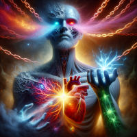 Surreal artwork, a transparent white ghostly man reaching towards a giant glowing golden star (happiness), but chained by red (anger) and dark orange (jealousy) chains. His heart is dark blue with cracks (sadness), and his eyes reflect multiple emotions: blue (sadness), red (anger),green (fear). Light purple mist (regret) swirls around his body. The background is dark with dramatic lighting, cinematic details, ultra-realistic yet dreamy, 4K, highly detailed.
