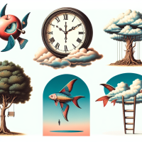 Create realistic, full colours surrealist style elements and place them on a white background. They should be suitable for cutting out and individual use., like collage elements.