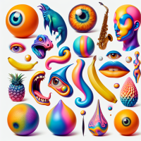 Create realistic, full colours surrealist style elements and place them on a white background. They should be suitable for cutting out and individual use., like collage elements.