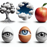  Create a few individual surrealist style images on a white background . Include a tree with clouds instead of leaves and a flying apple, also an egg with an eye inside.
