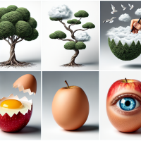  Create a few individual surrealist style colour images on a white background . Include a tree with clouds instead of leaves and a flying apple, also an egg with an eye inside. Make sure none of the images are cropped 