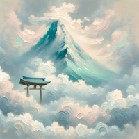 japanische pforte auf Wolken, mintgrüne farben Gipfel ragt im hintergrund heraus - Impressionismus-Kunstmalerei in 