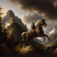 A mouse riding on a horse in a mountainside scene, Painting by Rembrandt