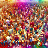 Full-screen photo: young people shopping, colorful, almost hypnotic atmosphere of consumerism.