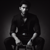 Use this image to create A dramatic black and white portrait of a confident looking man. sitting on a wooden stool against a dark studio background. He is wearing a well-fitted, all-black suit with a black shirt, and black pant small silver chain at naki and small silver watch slightly unbuttoned at the top, exuding a moody and powerful aura. His posture is relaxed yet dominant, with one arm resting on his leg and the other one in his pant pocket The lighting is soft but directional creating
