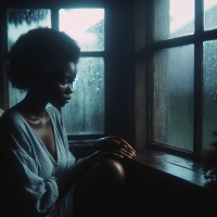lonely person sitting quietly by a rainy window, soft light, hands on glass, sad expression, moody lighting, emotional atmosphere, evening time, indoors, cinematic style