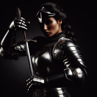 A female warrior in full armor without a helmet against a black background.