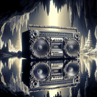A boombox reflecting the surroundings in a cave, Painting by H.R. Giger, Closeup