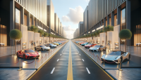 Ultra-realistic 3D render of an outdoor luxury car exhibition viewed from a human eye-level perspective. A wide, straight central walkway made of smooth concrete runs through the middle, with supercars displayed on both sides—Lamborghinis, Ferraris, McLarens, Bugattis, and Porsches—each spaced neatly in showroom-style setups. Cars are angled slightly toward the path, with velvet ropes, display signs, and subtle lighting. The setting is open-air with an overcast sky, giving soft neutral lighting and realistic shadows. The ground has faint reflections, tire marks, and imperfections for realism. Include flags, glass dividers, and a few trees or modern architectural elements in the background. Rendered in sharp, cinematic 8K detail.