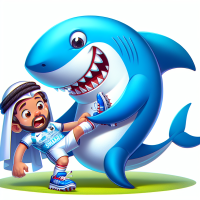 A boy called Mohammed in a Real Madrid shirt getting flown away by a shark with blue shoes