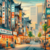 Create a realistic picture showing a pedestrian street like in Japan but in the city of Zhenjiang, Jiangsu