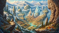 Also, ich brauche ein Bild, ähm, ein Fantasy-Landschaftsbild. Und die Szene soll in der Plane of Earth, also in der Ebene der Erde in einem Fantasy-Universum, genauer gesagt in Pathfinder 2. Edition, sich abspielen. Und im Prinzip ist es ein Blick wie runter von einem Hügel oder einem Berg in eine Art Tal. Und es besteht aus vielen kleinen Siedlungen, die offensichtlich von der Größe und der Bauart nicht von Menschen, Zwergen oder Elfen, sondern von Erdelementaren oder auch Drachen geschaffen und besiedelt wurden. Und im Hintergrund von dem Ganzen soll dann quasi wie eine zweite Reihe von Siedlungen auftauchen, die allerdings gespickt sind mit kristallenen Formationen und Häuser, die durchbohrt sind von gigantischen Geoden und kristallinen Strukturen. Und dahinter kommt ein, ähm, ein Ort, der quasi die Hauptstadt der Kristalldrachen in der Ebene der Erde darstellen soll. Und dieser Ort soll ein bisschen erhöht auf einem Felsplateau dann im ganz quasi, quasi zu den ganzen Backgrounds zu sehen sein. Und soll auch von außen schon genau den Eindruck erwecken, dass dort Kristalldrachen leben, also große kristalline Strukturen, die Mauern und, ich sag mal, simple Gebäude oder ähnliches abbilden. Aber alles halt für gigantische Drachen. Und der Betrachter der Szene, quasi das POW dieses Bildes, steht selber auf einem Felsplateau. Und man kann noch so ein bisschen dieses Felsplateau sehen, bevor der Blick runter in das Tal auf die eben beschriebene Szene geht. Und das alles in einem Fantasy-Stil in der Ebene der Erde, relativ dunkel, nur beleuchtet von den Kristallen in der Szene.