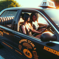 generate a realistic and cynematic picture of a female black cab driver transporting a female white customer sitting in the back sit. In the middle of the sunny day of virginia USA both customer and the driver look safe, and happy. on the driver shirt there is a word