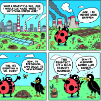 Maak een strip van het volgende script, de test tussen haakjes is waar het zich afspeelt: Script per paneel  Paneel 1 Lieveheersbeestje: *Zucht* Wat een prachtige dag. Wat houd ik toch van de natuur hier in de Vlietzone. Het zou jammer zijn als hier iets mee zou gaan gebeuren.  Afvalverwerkingscentrale: x (Speelt zich af in de natuur van de vlietzone)  Paneel 2  Afvalverwerkingscentrale: Kijk, een leeg grasveld! De perfecte plek om een nieuw bedrijf te bouwen.  Lieveheersbeestje: *geschokt* Denk toch aan de ecologische en cultuurhistorische waarde van dit prachtige landschap.  (Speelt zich af op een leeg grasveld in de Vlietzone)  Paneel 3  Afvalverwerkingscentrale: De enige waarde die mij interesseert is de economische waarde. Er moet geld verdiend worden.  Lieveheersbeestje: Zo is het genoeg! Ik sta het niet toe dat je mijn thuis zo gaat verpesten.  (Speelt zich nog steeds af op het grasveld, maar nu met bozere karakters)    Paneel 4 Jeroen de kraai: Genoeg met deze zinloze discussie! Ik zal jullie laten zien hoe de toekomstige Vlietzone eruit zal komen te zien. *gebruikt iets om mee te tijdreizen, bijvoorbeeld een horloge* Lieveheersbeestje: Wat is dat voor apparaatje? Afvalverwerkingscentrale: Wie ben jij?  (Jeroen de kraai introductie in de strip en laat een horloge zien, speelt zich nog steeds op het lege grasveld af)     Paneel 5 Jeroen de kraai: x Lieveheersbeestje: Ik voel me niet lekker Afvalverwerkingscentrale: Wat gebeurt er?! (Speelt zich af in de reis door de tijd)  Paneel 6 Jeroen de kraai: Aanschouw, de Vlietzone in het jaar 2050. Lieveheersbeestje: Waar zijn we beland?! Afvalverwerkingscentrale: Ik geloof mijn ogen niet?! (Speelt zich af op het toekomstige multifunctionele bedrijventerrein van de Vlietzone)  Paneel 7  Jeroen de kraai: in de toekomstige Vlietzone wordt geen enkel dak ongebruikt gelaten. Door de verschillende daken met elkaar te verbinden, is er een geliefd golfterrein ontstaan. Lieveheersbeestje: Wow Afvalverwerkingscentrale: *wordt bijna geraakt door golfbal* Hey, kijk uit! (Speelt zich af bij de scheiding van het bedrijventerrein en het golventerrein, waar een deel van het golventerrein op het dak van een bedrijf ligt)  Paneel 8  Jeroen de kraai: Om de saaie Vlietzone op te vrolijken, hebben lokale bewoners samengewerkt om een kunstroute te ontwerpen.  Lieveheersbeestje: *Kijkend naar graffiti* Wow, wat mooi! Afvalverwerkingscentrale: Zonde van het geld.  (Speelt zich af op een deel van het bedrijventerrein zien, waar ook een kunstroute in voorkomt)  Paneel 9 Jeroen de kraai: Door de bouw van een logistieke hub is de Vlietzone tegenwoordig het best bereikbare gebied in heel Den Haag. Het transport naar bedrijven in de Vlietzone is het efficiëntst van heel de stad. Lieveheersbeestje: Wat interessant.  Afvalverwerkingscentrale: Kijk, dit lijkt er meer op. (Speelt af bij de logistieke hub in het bedrijventerrein   Paneel 10 Jeroen de kraai: Kijk lieveheersbeestje en afvalwerkingcentrale, de groene en cultuurhistorische kwaliteiten van de Vlietzone kunnen best gecombineerd worden met bedrijvigheid. Er is geen reden om ruzie te maken, dus ik ga jullie weer terug naar 2025 sturen Lieveheersbeestje: Ik snap het, als we maar overleggen. Afvalverwerkingscentrale: Als jij voor de natuur zorgt, zorg ik voor de rest.   (Speelt zich weer af op het toekomstige multifunctionele bedrijventerrein van de Vlietzone)     Einde 