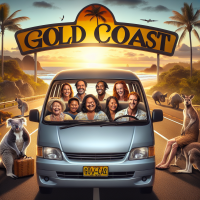I am trying to create an image of the 9 people in the in a car on the gold coast of Australia. With a big Gold Coast sign and theyre all in a mini van smiling driving on the road with a palm tree and sun set in the background. Can it also be Australian Themed with a koala in a tree and maybe a kangaroo somewhere. Can the people be of the following descriptions: three Polynesian women in their 40s, a broad white ginger man in his 40s, a bald polynesian 40 year old man, a 21 year old half white half tongan man, a  25 year old brother of the 21 year old and a half phillipino half white 21 year old girl close to the 21 year old man.  