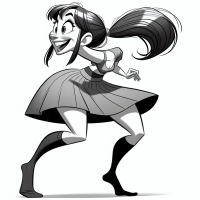 simple cartoon of a short woman with exaggerated proportions on display in a top and skirt, trying to keep her balance in midair, long socks, long hair, narrow waist, looking awestruck and happy, hemline up high just for fun, neckline stretched up to the limit, making some great points, neckline surprise sensational, back and side, turning back