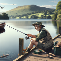 a photo realistic image of a man fishing at Lake Windermere in the UK