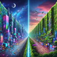 a huge impenetrable wall separates a city from a lush green forest. Exaggerate the lights of the city. Use neon lights and futuristic stuff.