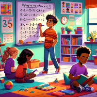 A classroom scene, depicting elementary-aged children engaged in learning activities.  A boy, light brown skin,  middle school age, is standing near a whiteboard, displaying mathematical problems. He is wearing a red/orange striped t-shirt and blue pants,  and is in a three-quarter view,  facing the viewer, while writing on the board.  Three children, two girls, and a boy,  with diverse ethnicities, are seated on cushions/pillows, engrossed in books.  The girl on the left is light brown skin, and the boy has dark brown skin. They are dressed in casual, casual clothing colors such as purple, red, and green.  The children are situated in various parts of the scene; the boy on the right is in the bottom right corner, and the girls are positioned to the left side of the scene.  The boy is in the middle of the image, near the upper half.  The setting suggests a classroom, with a whiteboard, colorful math manipulatives,  and various other teaching aids. The style is cheerful and educational, with a cartoonish aesthetic.  The colors are vibrant, and the lighting is even across the room, creating a bright and inviting atmosphere.  The children are depicted in an active and engaged state during a classroom learning session.   The whiteboard has mathematical problems written on it.  Other objects present are stacks of weights, an arithmetic tablet, and a stacking toy. The perspective is from a slightly elevated angle.