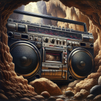 A boombox reflecting the surroundings in a cave, Painting by H.R. Giger, Closeup