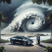 merge this 2 pictures into 1. Blend the colors in dark tone. The idea is to see a Hurricane approaching to Florida and an electric car plugged in to simulate a home generator