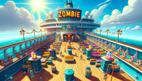 This vibrant, cartoonish 2D illustration showcases a grand, expansive main deck of the Zombie Cruise ship under a bright sunlit sky. The deck stretches far into the distance, revealing rows of deck chairs, vibrant life rafts, and various playful details like zombie-themed signage, funky lanterns, and exaggerated railings. The large, looming 