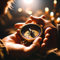 two hands sharing a compass, realistic photoreal cinematic bokeh