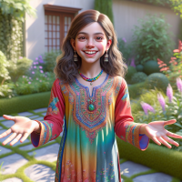 A lifelike image of a North Indian teenage girl, wearing a colorful salwar kameez, standing in a garden setting, spreading her hands wide as if presenting a large poster, sunlight casting gentle shadows to emphasize depth and detail.
