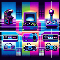 Flat vector illustration showing a timeline of video game consoles from old to new: include a pixelated arcade machine, a retro joystick, a classic home console, and a modern game controller. Use bright, nostalgic colors (neon purple, electric blue, pixel green). Background should feel digital and retro-futuristic. No text, no outlines.