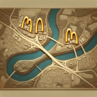 Draw a map of a town with a river running through the middle. On either side of the town place a macdonalds golden arch. Have a bridge going over the river