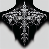 Tattoo of a gothic cross that’s sits on the back and makes it way to the neck 