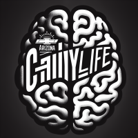 Create a bold black and white vector illustration in Screaming Pixel style. Design a stylized human brain silhouette, divided into two hemispheres. Each hemisphere must be filled with hand-shaped typography, tightly molded to the brain shape: — Left side reads “ARIZONA” — Right side reads “CHEVYLIFE”  The letters must curve and adapt organically to the brain’s contour, with bold, irregular shapes that mimic the texture and folds of the brain. Use only solid black and white — no shading, no gradients, no texture. Maintain clean vector edges, strong graphic presence, and high readability. This design should be visually impactful and suitable for merch like t-shirts or stickers.  Output: 1:1 ratio, high-resolution, print-ready vector-style illustration.