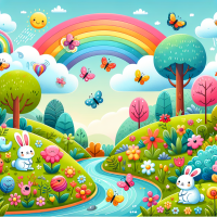 A colorful and imaginative landscape suitable for a children's textbook cover. The scene should include friendly cartoon-style animals like birds, butterflies, and rabbits in a vibrant natural setting. There are hills, trees with oversized leaves, a small flowing river, flowers of various colors, and a bright sky with fluffy clouds and a rainbow. The style should be soft, playful, and full of wonder — designed to spark curiosity and joy in children. No human characters or text.