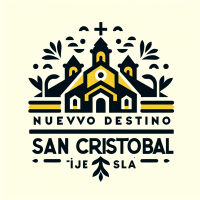 Design a minimalist and elegant logo for a Christian church called 'Nuevo Destino San Cristóbal', located in San Cristóbal, Táchira, Venezuela. The logo should use yellow and black as the main colors, representing the typical colors of the Táchira state. The style should evoke Venezuelan colonial architecture, with clean and strong shapes, ideal for printing, cutting, or engraving. It should include stylized Andean mountains or hills and colonial church or village-like structures. The design must be symmetrical, professional, and should not include obvious religious symbols like crosses. The text should read exactly: 'Nuevo Destino San Cristóbal' as the main title, and in a smaller line: 'Iglesia Cristiana'. Use sober, modern, sans-serif typography, in Spanish. The design should be striking in both color and black and white.