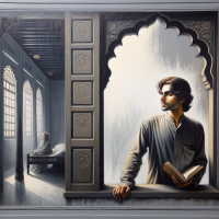 a traditional Kalighat style painting with less bold outlines and muted colour palette that would look good if framed and hung on a grayish bluish white wall. The painting is of a babumoshai type handsome man from the late 19th century from old Dhaka with a book or a cup of tea, standing and looking out of his room through an old Dhaka mughal style window with some stained glass. He is looking to his right with an expression of admiration. the room behind him does not need anything particular, just some ambient light. The perspective of the painting is from the outside of the window.