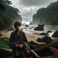 A teenage boy steps out of a dense tropical forest onto a rocky beach overlooking a stormy ocean bay. It's early morning with overcast skies — the light is diffuse and grey, but the climate feels humid and warm. In the distance, large jagged sea rocks rise from the water. Partially hidden among them, barely visible, is the fragment of a strange wooden vessel — ancient and weathered. The boy wears simple, rugged medieval-style clothing and carries a small leather satchel. His expression is thoughtful and a bit melancholic. Behind him, the edge of the forest is dark and lush. The scene is moody but not grim, with a quiet sense of mystery and adventure.