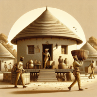 Create a wide-format digital banner that depicts an authentic African homestead scene. The setting should feature traditional round huts with thatched roofs, a central granary, and open space between structures.  In the scene, include movers dressed in clean branded uniforms (beige with gold accents) carefully carrying household items in traditional woven baskets . One mover should be seen entering a hut with respect, another walking steadily with a basket on their head. human realistic faces  The background should have a soft golden-hour glow with subtle shadows and textures—suggesting both warmth and heritage.  Include subtle African patterns or textures blended into the background (walls, ground, or sky).   Color palette: beige, muted gold, warm browns, and soft earth tones.  Style: Clean, premium, emotionally warm—a quiet fusion of tradition and luxury