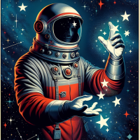 Una persona común, sin rasgos extraordinarios, vestida con un traje de astronauta retro de estética soviética (colores rojos, blanco y gris, casco clásico con visera abierta), flotando en el espacio. Sin ningún símbolo mágico ni decoraciones especiales. Con una postura concentrada y gestos suaves y decididos con las manos, está moviendo estrellas a su alrededor, reacomodándolas como si trazara nuevas constelaciones. Las estrellas responden a sus movimientos sutiles, desplazándose en el vacío cósmico. Fondo con estética soviética de ciencia ficción: espacio profundo, colores intensos y composición inspirada en los carteles de la era espacial de la URSS. La imagen transmite misticismo únicamente por la gestualidad del personaje.