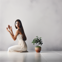 a 26 year old woman standing, closing her hands , standing like a model.  opened brown colour straight hair, in background there is a whitesmoke colour wall. white tiles on floor. near her a small flower pot is placed with green plant.