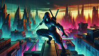 un ninja encima de un tejado futurista colores parecidos a los de ciudad gótica 