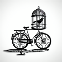 Erstelle ein Bild in schwarzweiß wo man ein Fahrrad sieht auf dem hinten ein Gitter-Käfig mit einem Vogel am Gepäcks-träger montiert ist