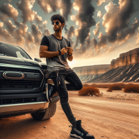 A man (uploaded image as reference) sitting-leaning at Toyota Land Cruiser 79 Series pickup Double cabin with doors-open. He is wearing a nike t-shirt, black jeans and Jordan 4 and sunglasses. He holds a car-key in one hand and gazes thoughtfully into the distance. The sky above is dramatic and full clouds with scattered clouds and golden-hour lighting, with background ravine. This picture 4k resoulation generate.