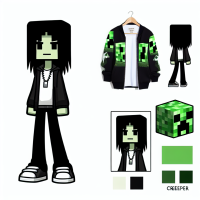 a skinny white teenager wearing a minecraft creeper jacket and make him have very long thin black hair and make it a cartoon 
